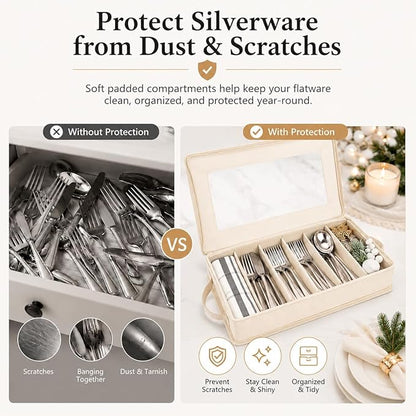 Joyfol Day Flatware Utensil Storage Case, Beige Silverware Storage Box Chest with Adjustable Dividers, Removable Cutlery Storage Holder with Zipper Lid for Organizing Spoon/Flatware/Knives