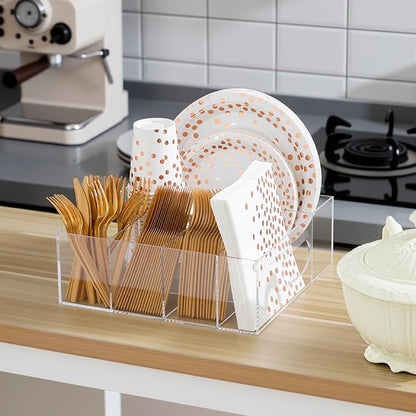 LemonRoad Utensil Holder for Party Acrylic Silverware Caddy Paper Plate Napkins Cups Fork Spoon Organizer with 6 Compartments Cutlery Caddy for Countertop Kitchen Party Camping Picnic