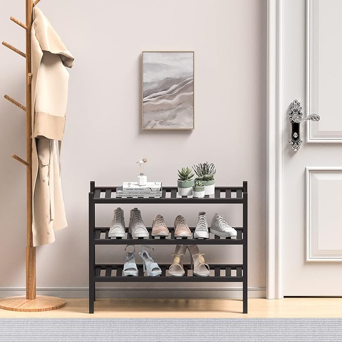 ROMGUAR CRAFT 3 Tier (Thick) Bamboo Shoe Rack for Entryway, Small Wood Shoe Shelf Storage Organizer for Closet, Shoe Stand for Hallway, Stackable and Sturdy 27"x12"x21" Black