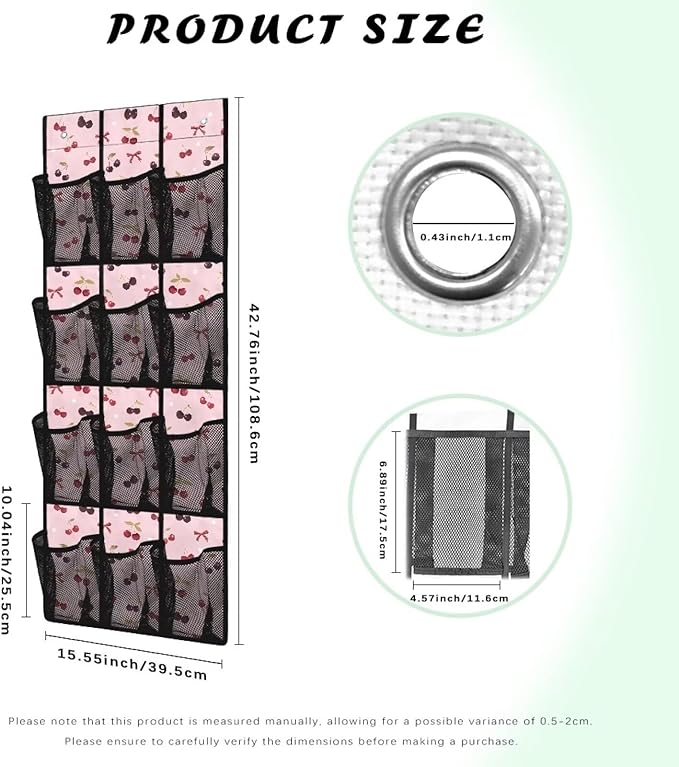 12-Section Over The Door Storage Bag Organizer, Made of Heavy Duty Oxford Cloth, Waterproof Lightweight and Perfect for Home Office or Dorm Use, Cherry Bow