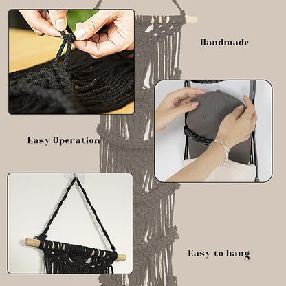 jontell Ball Cap Holder-1 Pack/Up to 14 Caps-Hat Organizer for Baseball Caps Display, Macrame Hat Rack for Wall, Boho Handmade Cap Hanger Over Door (Black)