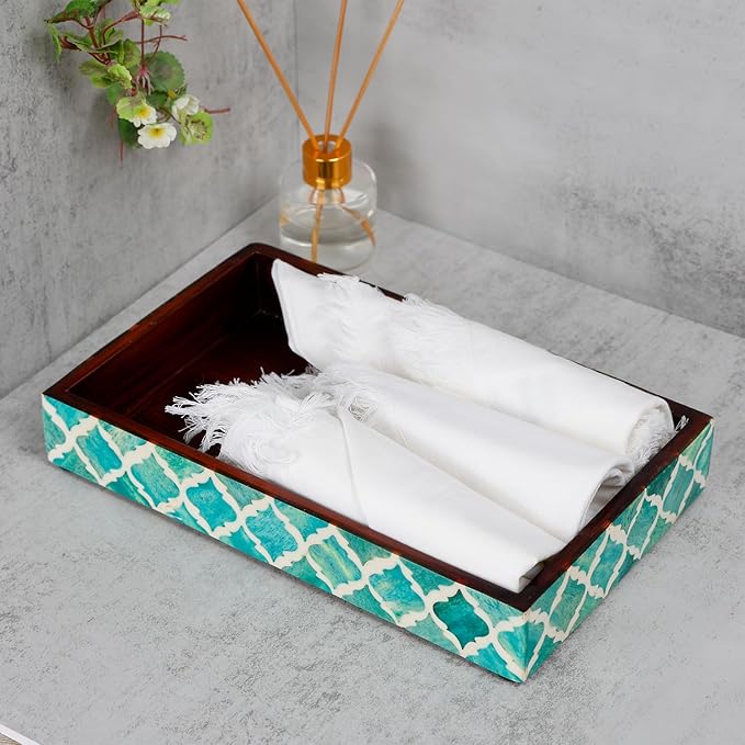 Handicrafts Home 10"x6" Vanity Tray for Bathroom Countertop, Moroccan Bone Inlay Decorative Organizer Tray for Perfume, Jewelry, Cosmetics & Dresser Decor, Rectangular Catchall Tray, Green White