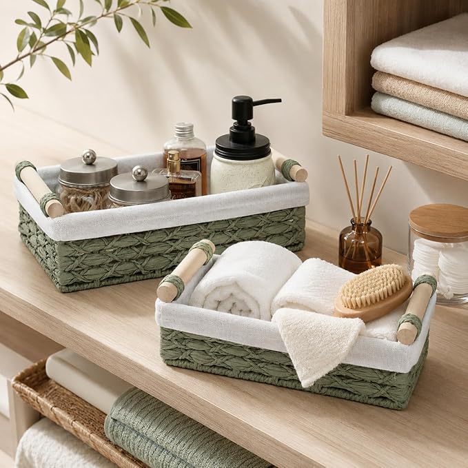 Green Wicker Bathroom Baskets Set of 2 with Linen Liner & Wooden Handles – Sage Green Paper Rope Storage Baskets for Shelves, Bathroom Counter & Spa Décor