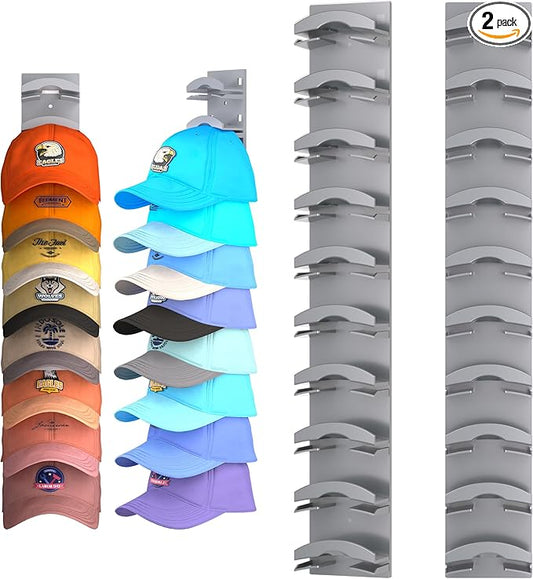 Hat Organizer for Baseball Caps 2Pack, Hat Rack for Wall with Strong Adhesive Hold up to 20 Hats, Hat Hanger Holder Display for Door Closet, Cap Organizer Storage Multilayer Two Mounting Option(Grey)