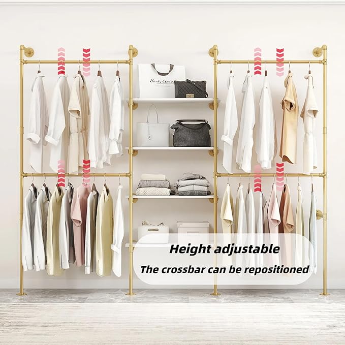 Industrial Pipe Clothing Rack, Heavy Duty Adjustable Garment Hanger with Shelves, 2 Installation Methods Closet Storage System for Wardrobe Organization (Gold, 80" H x 86" W)