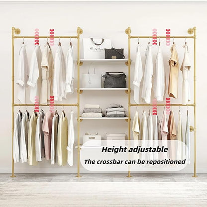 Industrial Pipe Clothing Rack, Heavy Duty Adjustable Garment Hanger with Shelves, 2 Installation Methods Closet Storage System for Wardrobe Organization (Gold, 80" H x 86" W)