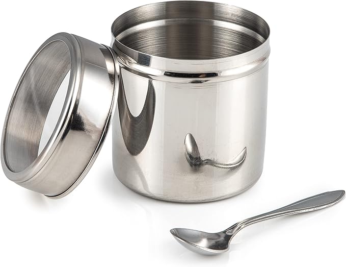 Indian-Tiffin Masala Dabba – Airtight Spice Container – Food Grade Stainless Steel – with Spice Labels & Spoon (Large (20cm), Clear Lid Top & Clear Lids on Inner Pots)