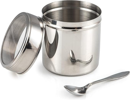 Indian-Tiffin Masala Dabba – Airtight Spice Container – Food Grade Stainless Steel – with Spice Labels & Spoon (Large (20cm), Steel Lid, Clear Lids on Inner Pots)