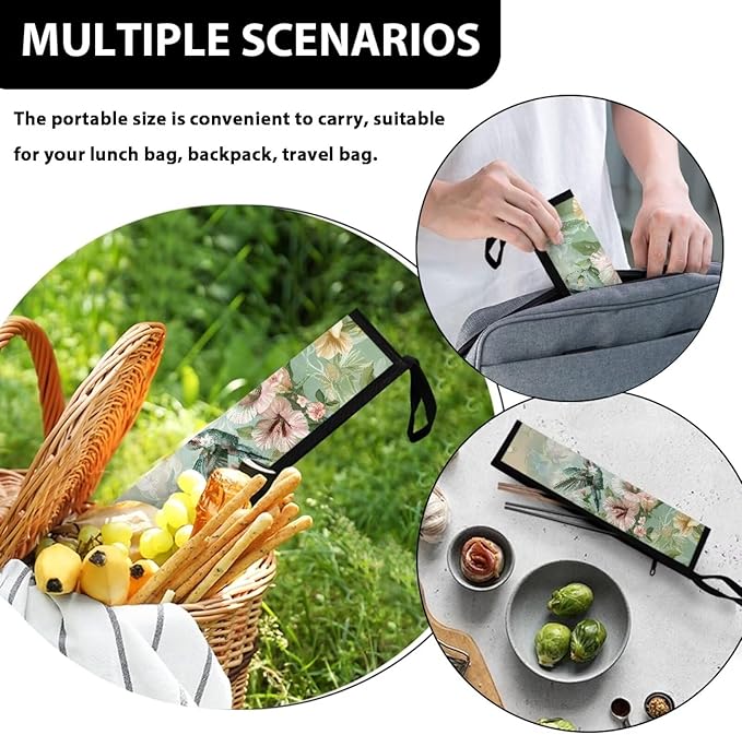 COEQINE Hummingbirds Travel Flatware Organizer Cutlery Pouch Metal Straws Case Green Floral Utensil Carrying Case for Knife Frok Spoon Organizer Holder