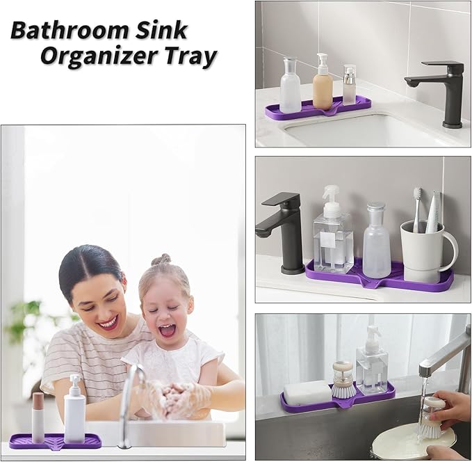 MicoYang Silicone Bathroom Soap Dishes with Drain Spout-Bathroom and Kitchen Sink Organizer,Sponge Holder,Dish Soap Tray,Perfect for Dispenser,Scrubber,Bottle,Cup on Sink or Counter-Purple 12"×4"