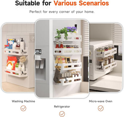 Sevenblue 2 Pack Strong Magnetic Spice Rack for Refrigerator, Multipurpose Magnetic Shelf for Fridge with 4 Hooks for kitchen and Bathroom Organization, White