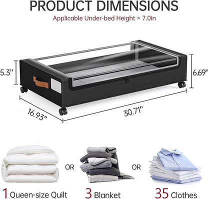 Yecaye 60 L Under Bed Storage with Wheels, 2 Pack Under Bed Storage Containers, Underbed Shoe Storage with Clear Window & Label, Rolling Under Bed Metal Drawer for Clothes, Shoes, Books, Black