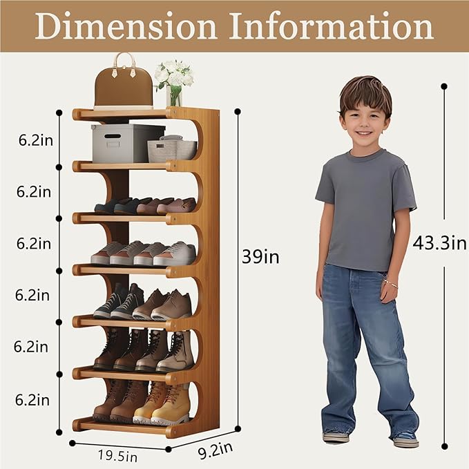 Vertical Shoe Rack 7 Tier, Bamboo Narrow Shoe Rack for Small Spaces, Freestanding Shoe Storage Organizer for Entryway Closet, Space Saving Skinny Shoe Shelf