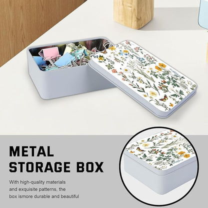Metal Tin Box with Lid for Game Cards Home Organizer Candles Keys Crafts Storage - Equipped with 4 Magnetic Cord Clips，Flowers and Butterflies