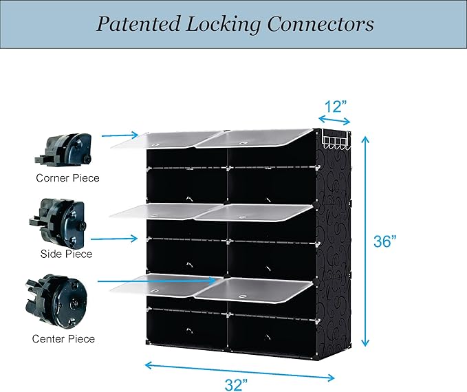 Patented Shoe Racks Organizers Shelves, Floor-Standing, Wall Hanging, Sturdy and extendable. Easy DIY Assembly, for Door Entrance, Closet, and Workplace (2x6Grid, Translucent & Black)