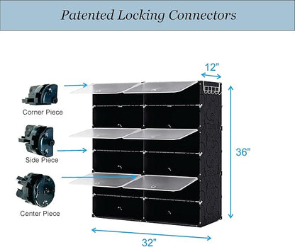 Patented Shoe Racks Organizers Shelves, Floor-Standing, Wall Hanging, Sturdy and extendable. Easy DIY Assembly, for Door Entrance, Closet, and Workplace (2x6Grid, Translucent & Black)