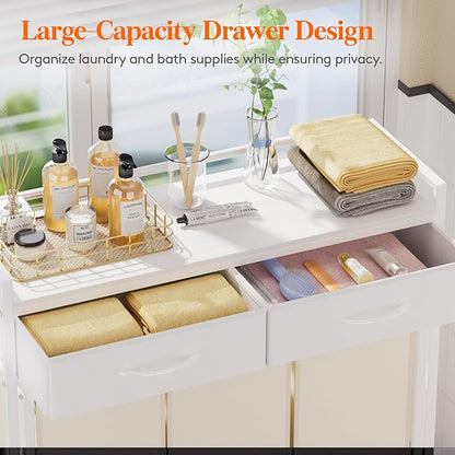 Lifewit Laundry Hamper 3 Section, Large Rolling Laundry Sorter with Shelf & 2 Drawers, Pull-Out Laundry Basket Organizer with Wheels and Removable Bag for Laundry Room Bathroom, White and Beige