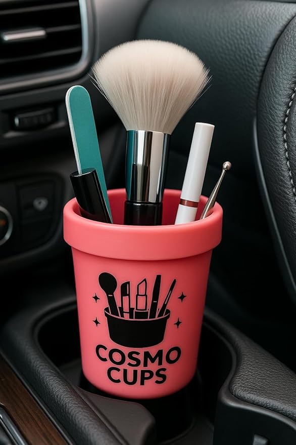 CosmoCups Car Makeup Brush Cup Holder, Decorative Pot Design, Cosmetic Organizer Storage Container for Beauty Tools and Accessories for Cars and Home