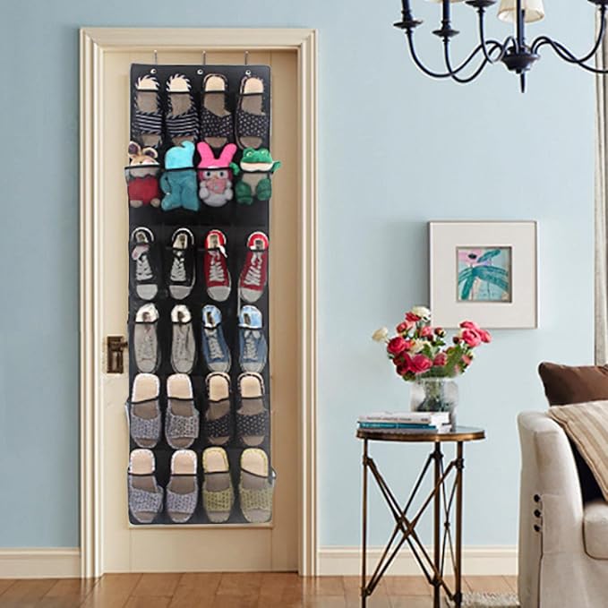 Over the Door Shoe Organizer, Hanging Shoe Rack for Door, Large Capacity Shoe Organizer Holder with 24 Large Pockets for Closet Storage, Clear Hanging Shoe Shelves Shoe Hanger Storage Organizer Bag (B)