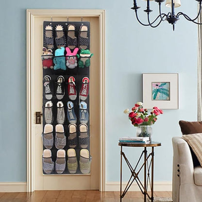 Over the Door Shoe Organizer, Hanging Shoe Rack for Door, Large Capacity Shoe Organizer Holder with 24 Large Pockets for Closet Storage, Clear Hanging Shoe Shelves Shoe Hanger Storage Organizer Bag (B)