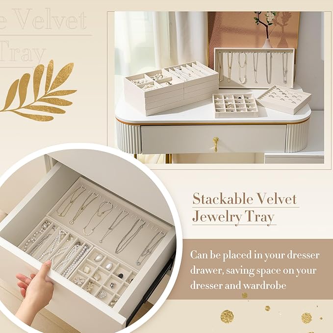 Cinnvoice Set of 10 Stackable Jewelry Organizer Trays for Drawer 14 Inch Velvet Jewelry Drawer Insert Display Storage with Removable Divider for Necklace Earring Ring Watch Bracelet (Beige)
