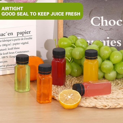 Moretoes 6pcs 2oz Plastic Shots Bottles with Caps, Plastic Juice Bottles with Lids, Clear Reusable Water Bottles, Ginger Shots, Leak Proof, Disposable Beverage Containers for Juicing, Smoothie, Milk