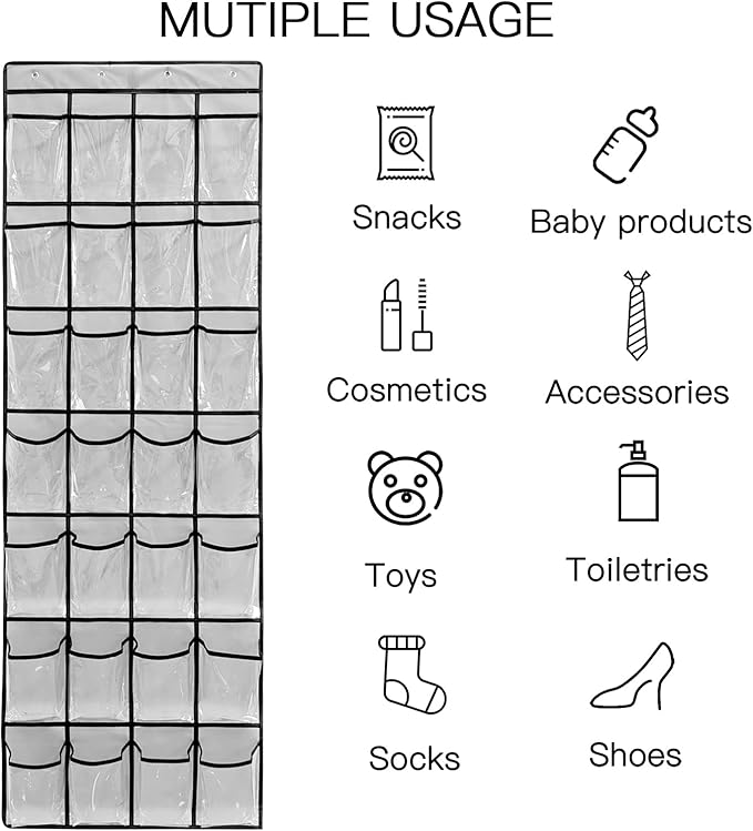 28 Large 1 Pack Transparent Pockets Over The Door Shoe Organizer Sturdy Hanging Shoe Rack for Door Closet Sneakers or Accessories, 4 hooks（Grey&Black）