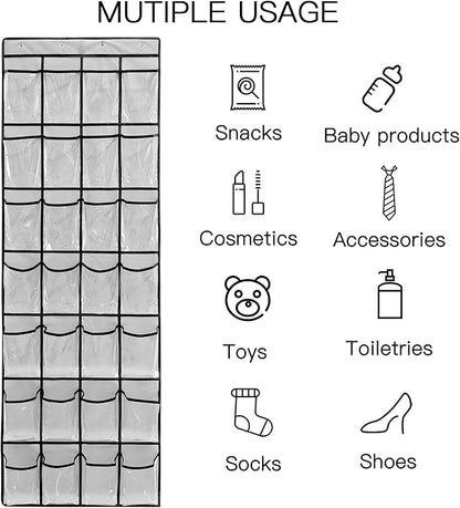 28 Large 1 Pack Transparent Pockets Over The Door Shoe Organizer Sturdy Hanging Shoe Rack for Door Closet Sneakers or Accessories, 4 hooks（Grey&Black）
