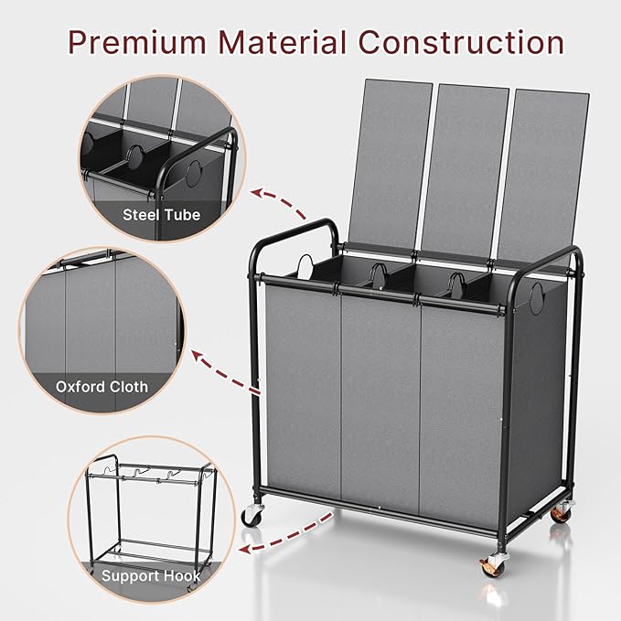 180L Laundry Sorter 3 Section – Heavy Duty Rolling Laundry Basket with Lockable Wheels and Lid, 3 Large Separate Removable Bags, Laundry Hamper Cart for Laundry Room Organizer (Grey)