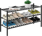 ROMGUAR CRAFT 3-Tier Bamboo Long Shoe Rack, Free Standing Wood Shoe Shelf Storage Organizer for Closet Entryway Stackable 35"x11"x20" (Black)