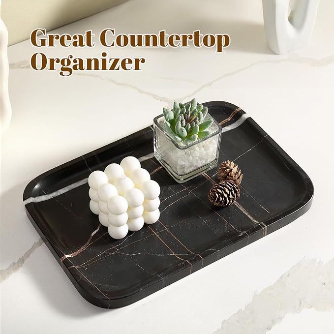 Koville Marble Tray, 12"x8" Natural Marble Vanity Tray for Countertop Bathroom Kitchen Dresser, Decorative Catchall Trays for Perfume Jewelry, Rectangular Stone Serving Tray(Black)