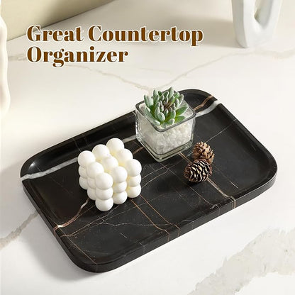 Koville Marble Tray, 12"x8" Natural Marble Vanity Tray for Countertop Bathroom Kitchen Dresser, Decorative Catchall Trays for Perfume Jewelry, Rectangular Stone Serving Tray(Black)