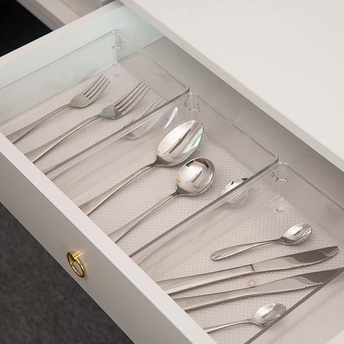 3 Set Clear Plastic Junk Drawer Organizer Vanity Curlery Utensil Makeups Organizer for Kitchen 6" X9''