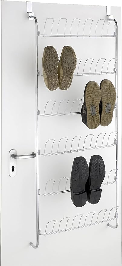 WENKO Over the Door Shoe Rack Organizer, Shoe Holder for Back of Door and Closet, Hanging Shoe Rack, Storage for up to 18 Pairs of Shoes, 23.2 x 59.4 x 5.5 inch, Silver Shiny