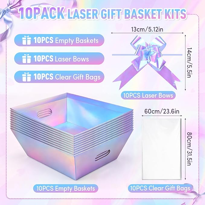 AFOROEOA 10 PACK Laser Gift Baskets for Gifts Empty, 12x10x4” Holographic Iridescent Gift Basket Kit with 10 Bows & 10 Bags - Large Empty Gift Baskets to Fill for Christmas, Weddings, Birthdays, Holiday Gifting Hampers