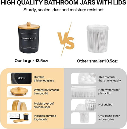 3 Pack Qtip Holder Bathroom Set with Tray,13.5oz Cotton Round Ball Pad Holder Cotton Swab Floss Pick Dispenser,Bathroom Organizers and Storage Container,Glass Apothecary Jars Canisters with Lids-Black