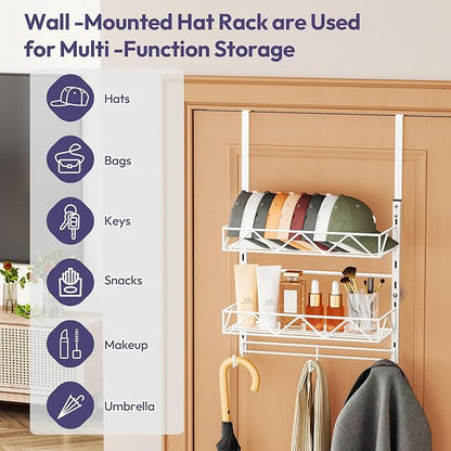 SWTYMIKI Over Door Hat Organizer - 3 Tier Wall Mounted Hat Rack with 2 Adjustable Metal Basket and 3 Hooks, Hanging Baseball Cap Organizer Storage Holds up to 29 Caps for Door, Bedroom, Closet