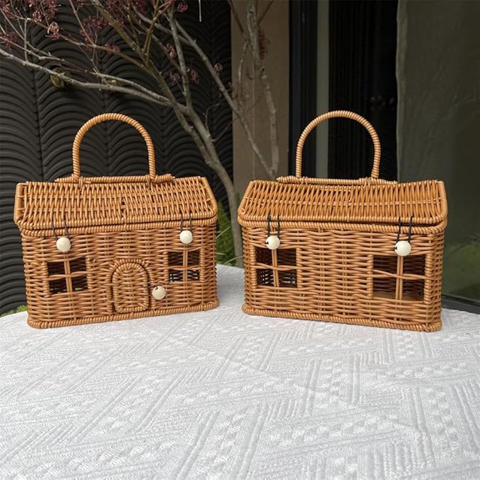 Rattan House Shape Storage Basket with Lid, Small Doll House, Decorative Hand Woven Shelf Organizer with Handle, Natural Harvest Wicker Basket for Picnics, Organizing, Storage (B, 1)