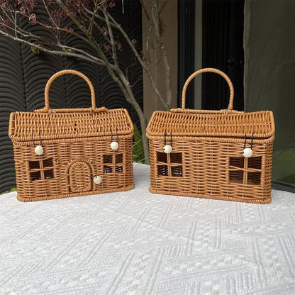 Rattan House Shape Storage Basket with Lid, Small Doll House, Decorative Hand Woven Shelf Organizer with Handle, Natural Harvest Wicker Basket for Picnics, Organizing, Storage (B, 1)