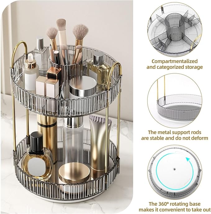 360° Rotating Makeup Organizer, Large-Capacity Skincare Make Up Storage 2 Tier Perfume Organizers Cosmetic Dresser Organizer with Makeup Brush Holder, Fits Bedroom, Bathroom, Vanity Shelf Countertop