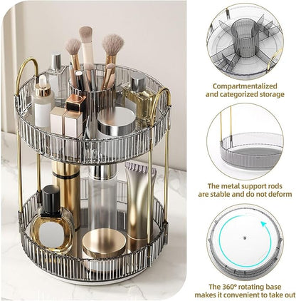 360° Rotating Makeup Organizer, Large-Capacity Skincare Make Up Storage 2 Tier Perfume Organizers Cosmetic Dresser Organizer with Makeup Brush Holder, Fits Bedroom, Bathroom, Vanity Shelf Countertop
