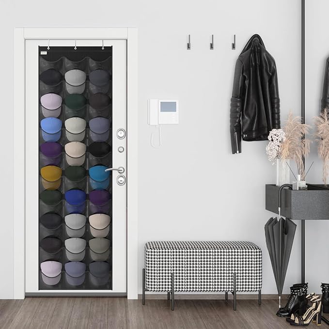 Baseball Hat Rack, 30 Pocket Over-The-Door Hat Organizer with Clear Deep Pockets to Display Baseball Caps Collection, Complete with 3 Over Door Hooks (Black, 30 Pockets)
