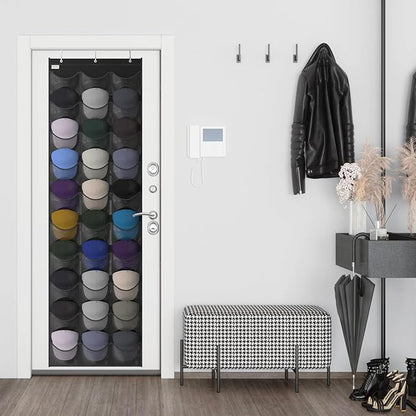 Baseball Hat Rack, 30 Pocket Over-The-Door Hat Organizer with Clear Deep Pockets to Display Baseball Caps Collection, Complete with 3 Over Door Hooks (Black, 30 Pockets)
