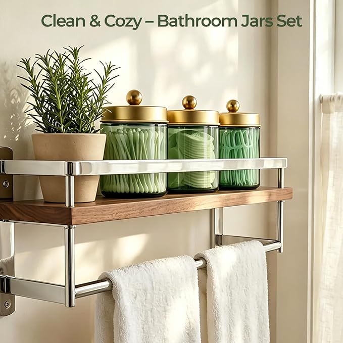 Amolliar 4 Pack Apothecary Jars Bathroom Vanity Storage Organizer Set -Countertop Canister with Stainless Steel Lids &Stickers Qtip Dispenser Holder for Cotton Swab (Green-golden Lid)