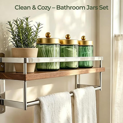 Amolliar 4 Pack Apothecary Jars Bathroom Vanity Storage Organizer Set -Countertop Canister with Stainless Steel Lids &Stickers Qtip Dispenser Holder for Cotton Swab (Green-golden Lid)