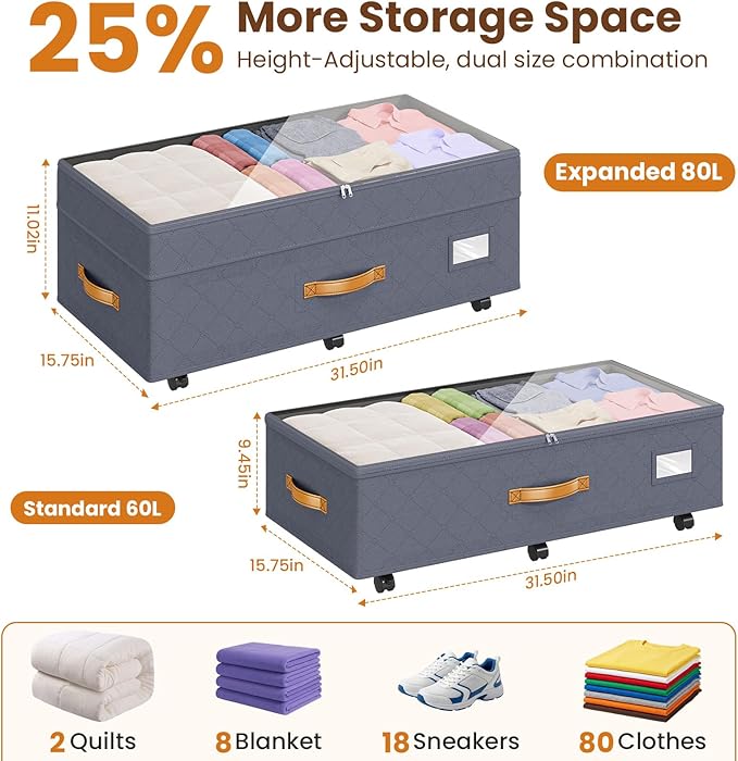 Budding Joy Under Bed Storage with Wheels 2Pack, 80L Height Adjustable Underbed Containers with Clear Lids, Rolling Under Bed Shoe Storage Organizer for Dorm Home Clothes, Blankets, Toys, Grey