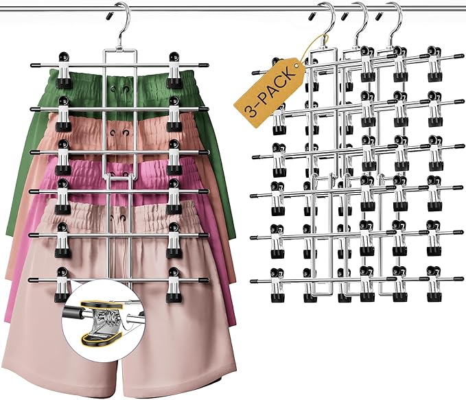 DAMITA Skirt Pants Hangers with Clips Space Saving Hanging Closet Organizer 6 Tiers Hanger with 360° Swivel Hook, Finger-Safe Design- College Dorm Room Apartment Essentials 3-Pack