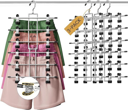 DAMITA Skirt Pants Hangers with Clips Space Saving Hanging Closet Organizer 6 Tiers Hanger with 360° Swivel Hook, Finger-Safe Design- College Dorm Room Apartment Essentials 3-Pack