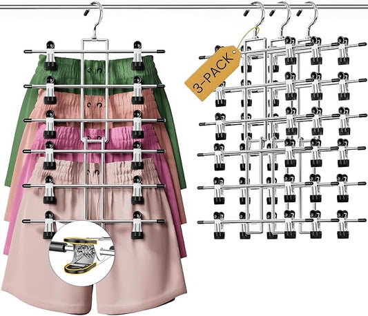 DAMITA Skirt Pants Hangers with Clips Space Saving Hanging Closet Organizer 6 Tiers Hanger with 360° Swivel Hook, Finger-Safe Design- College Dorm Room Apartment Essentials 3-Pack