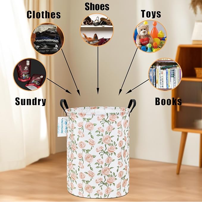 Laundry Basket Canvas Fabric Collapsible Organizer Basket for Storage Bin Toy Bins Gift Baskets Bedroom Clothes Children Nursery Hamper (Rose)